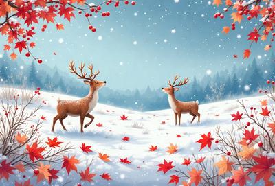 The primary subject of the image is a pair of deer standing in a snowy field. The setting is a winter landscape with snow covering the ground, and the visual style is a digital art or illustration. The colors and mood of the image are predominantly white and cold, with the deer being the main focus of the scene.